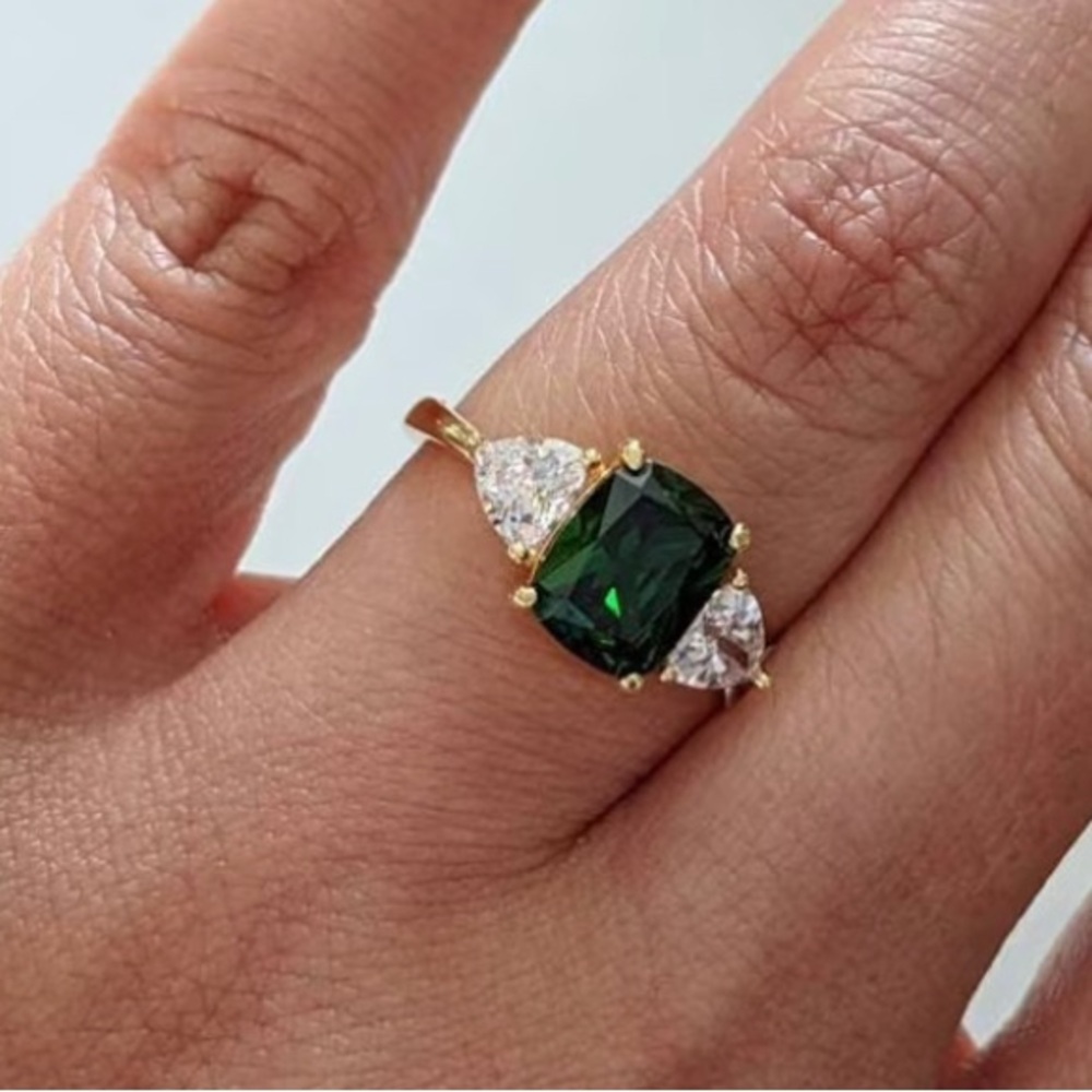 Emerald Green Synthetic Zircon Three-Stone 14k Gold Plated Ring - Women Jewelry - Picture 4 of 4
